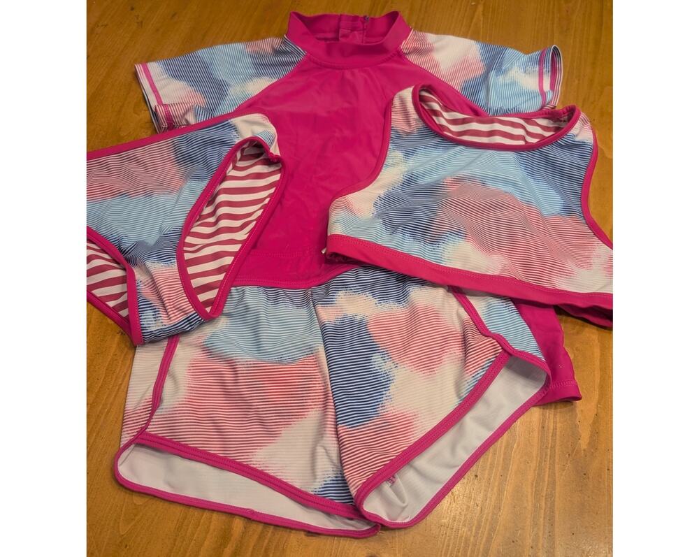 Eddie Bauer, Girl's 4 Piece Reversible Swim Set, Medium 10/12, Egu/LN, Pink